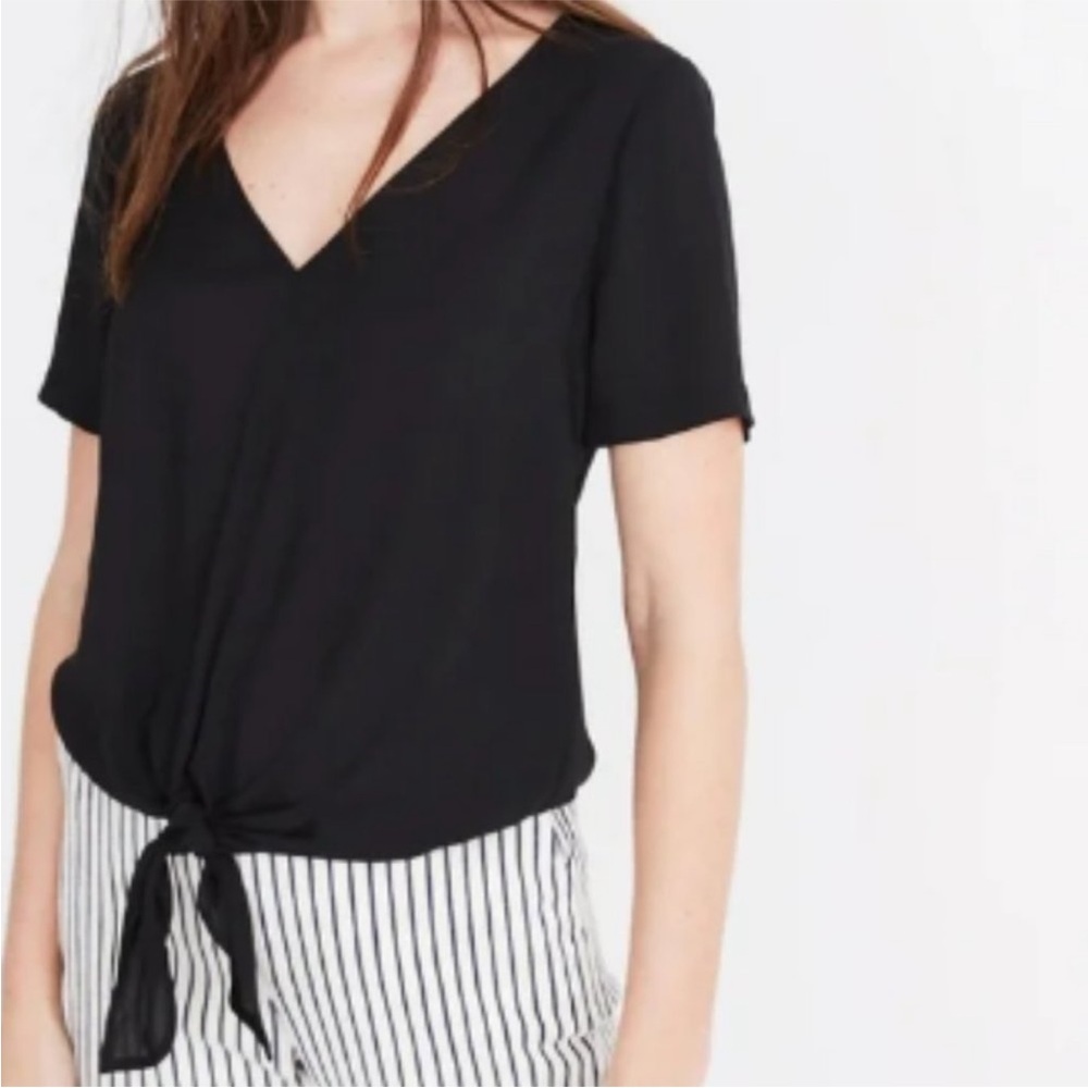 Madewell Novel Tie-Front Top Black Blouse Drapey V-Neck Short Sleeve Size Medium